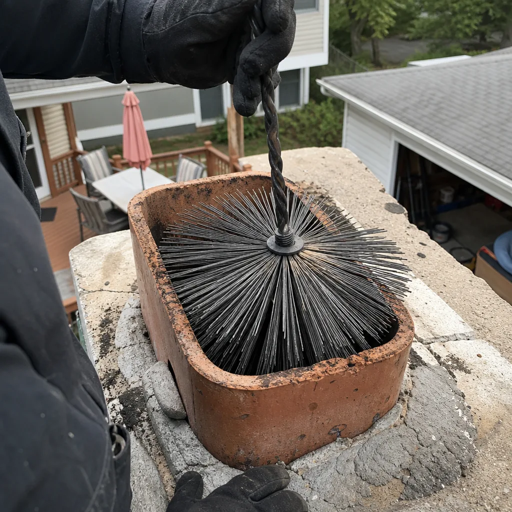 Professional chimney sweep cleaning a chimney flue with a wire brush