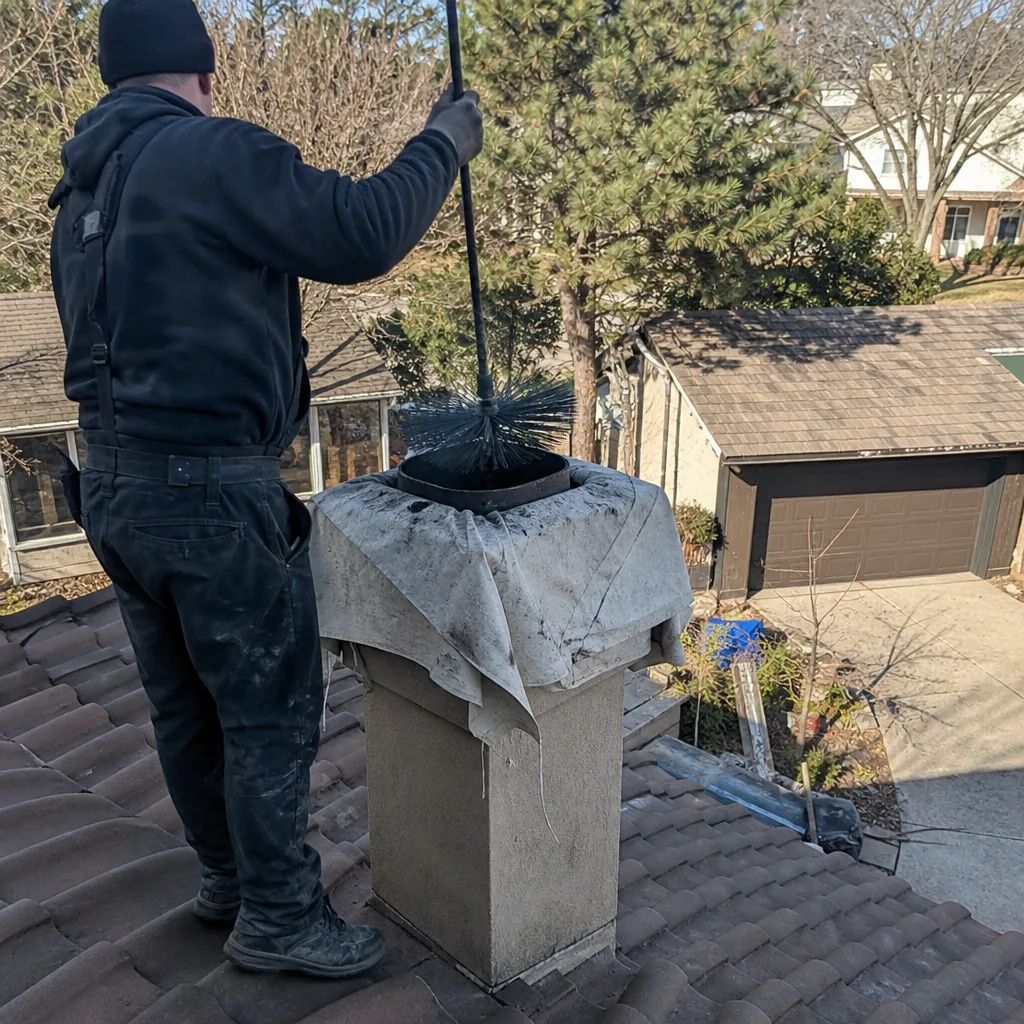 Professional chimney sweep cleaning a residential chimney flue from a rooftop.