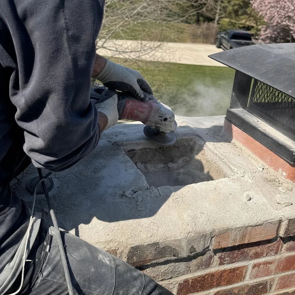 Technician performing chimney crown repair using an angle grinder