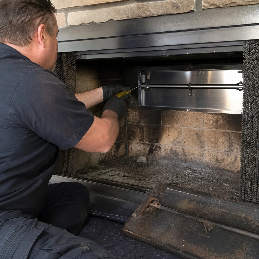 Technician performing professional fireplace maintenance and inspection