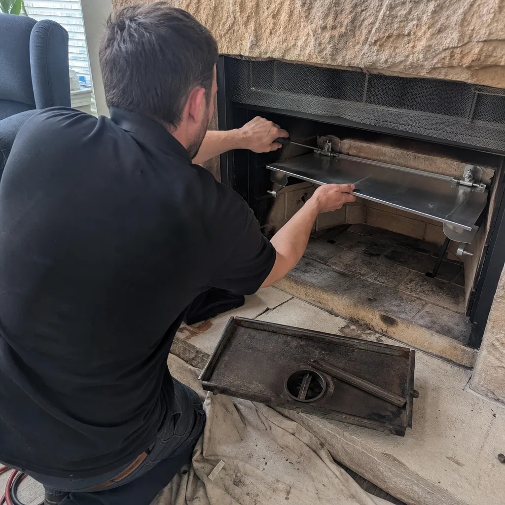 Technician installing a new fireplace damper during a professional chimney service.