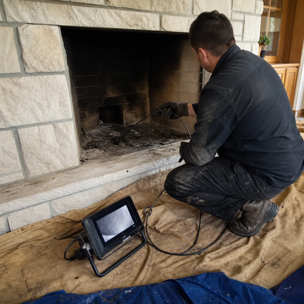 Technician performing a professional fireplace and chimney video inspection